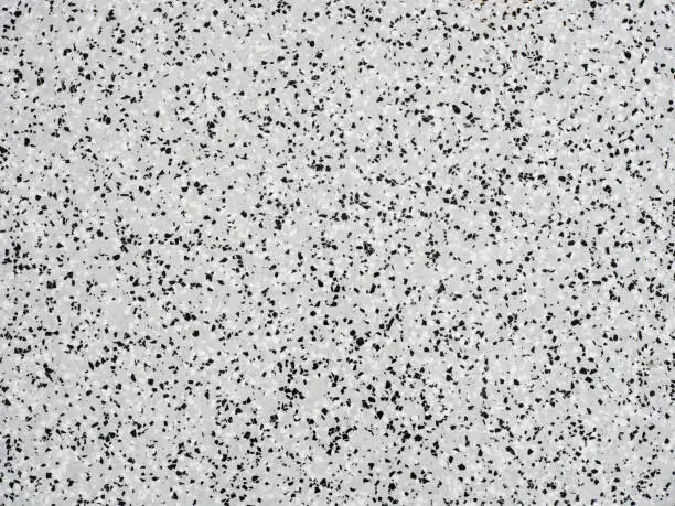 Gray flake epoxy floor finish with black and white vinyl chips